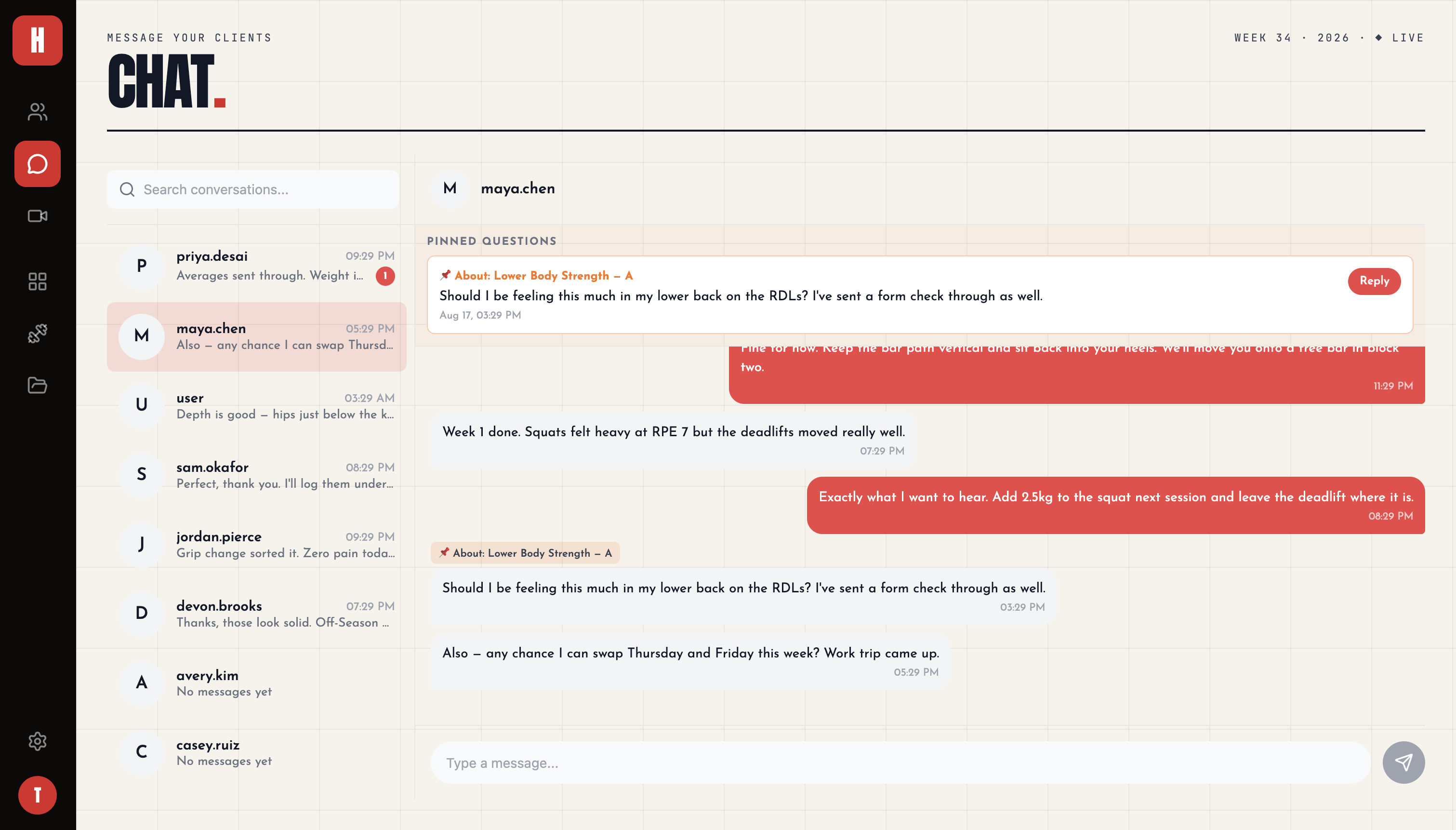 hiignite coach chat — per-client conversation threads with pinned questions and replies