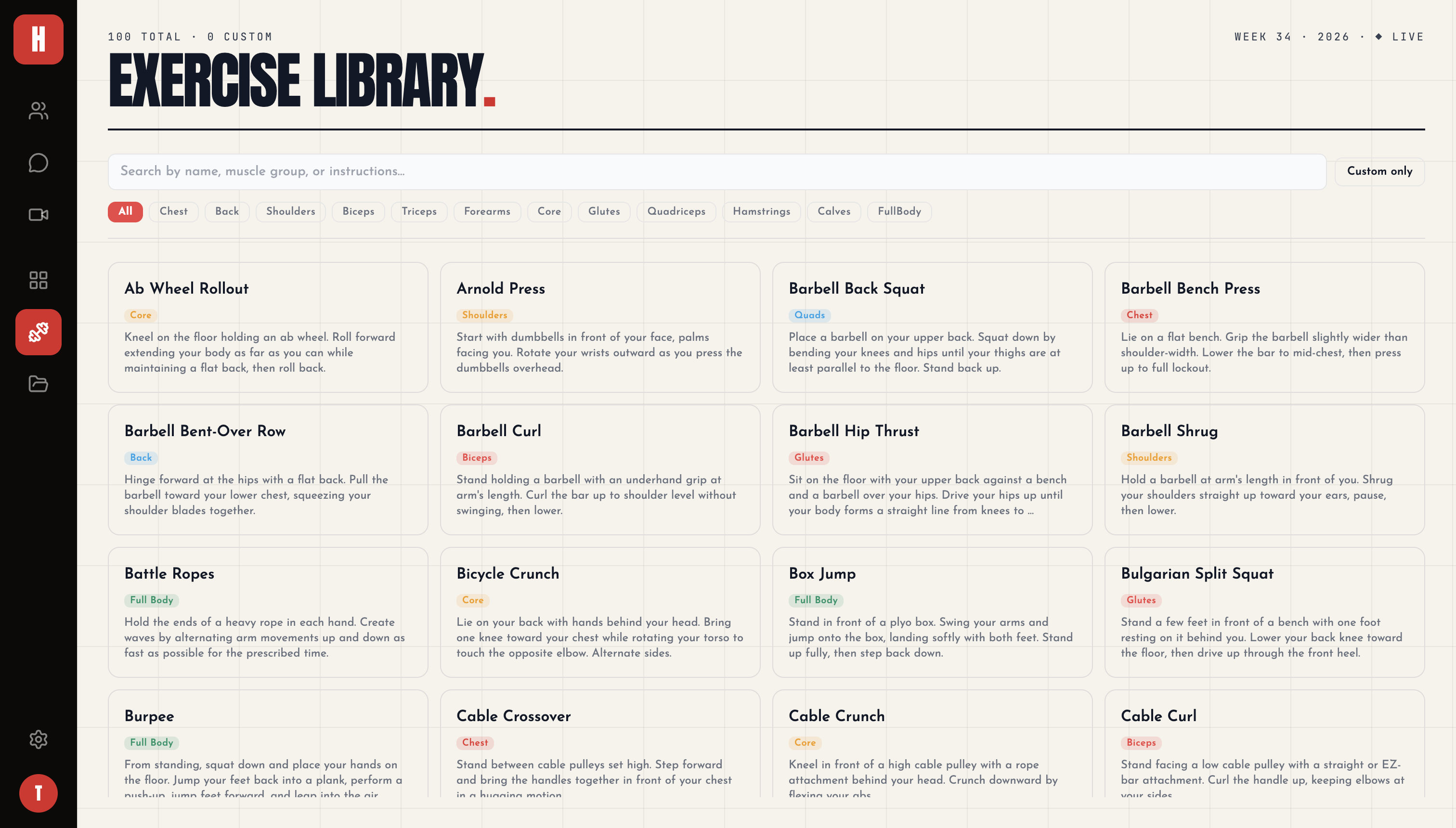 hiignite exercise library — a searchable grid of exercises with muscle-group tags and coaching cues