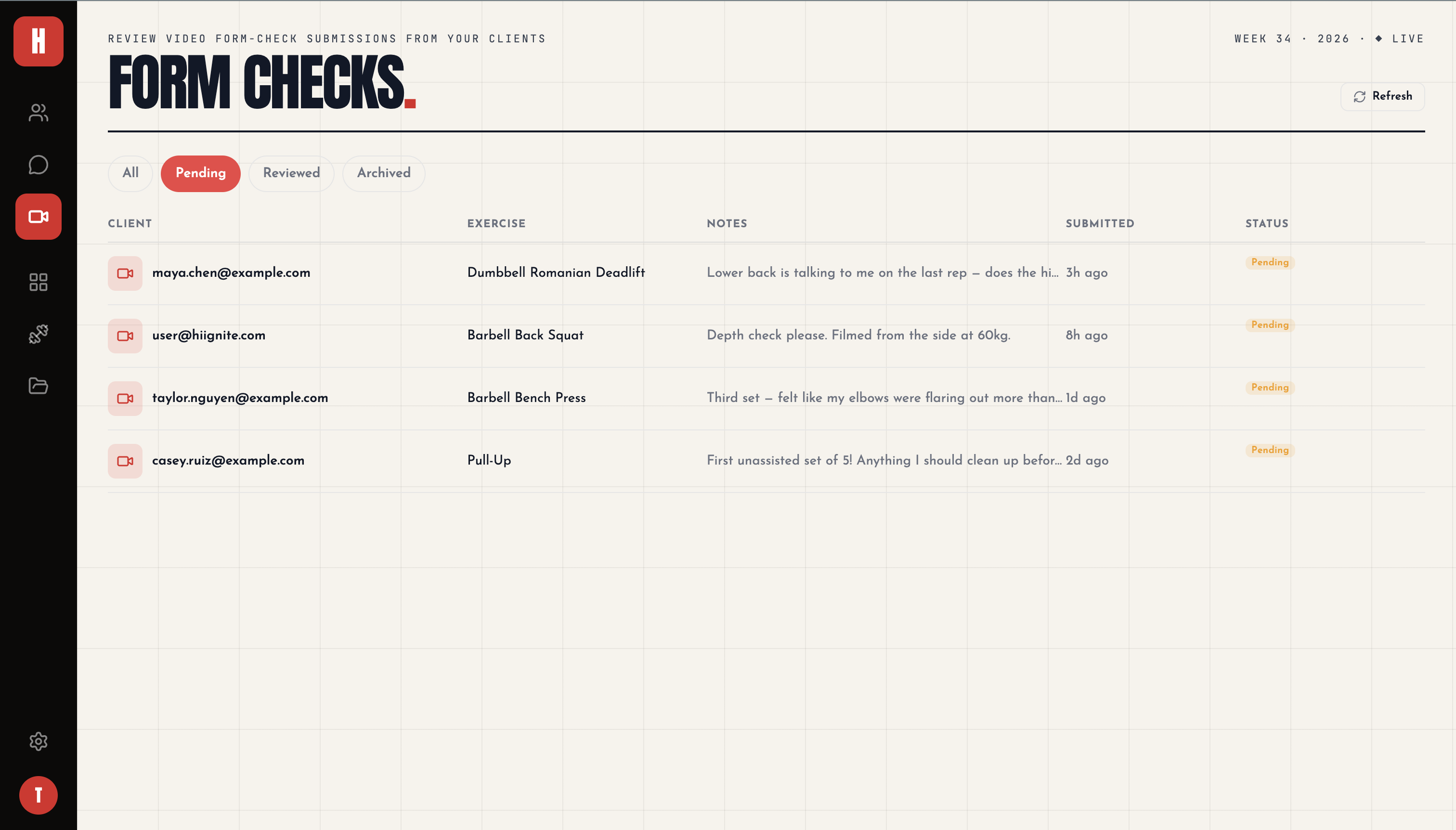 hiignite form checks — a queue of client video submissions filtered by pending, reviewed and archived