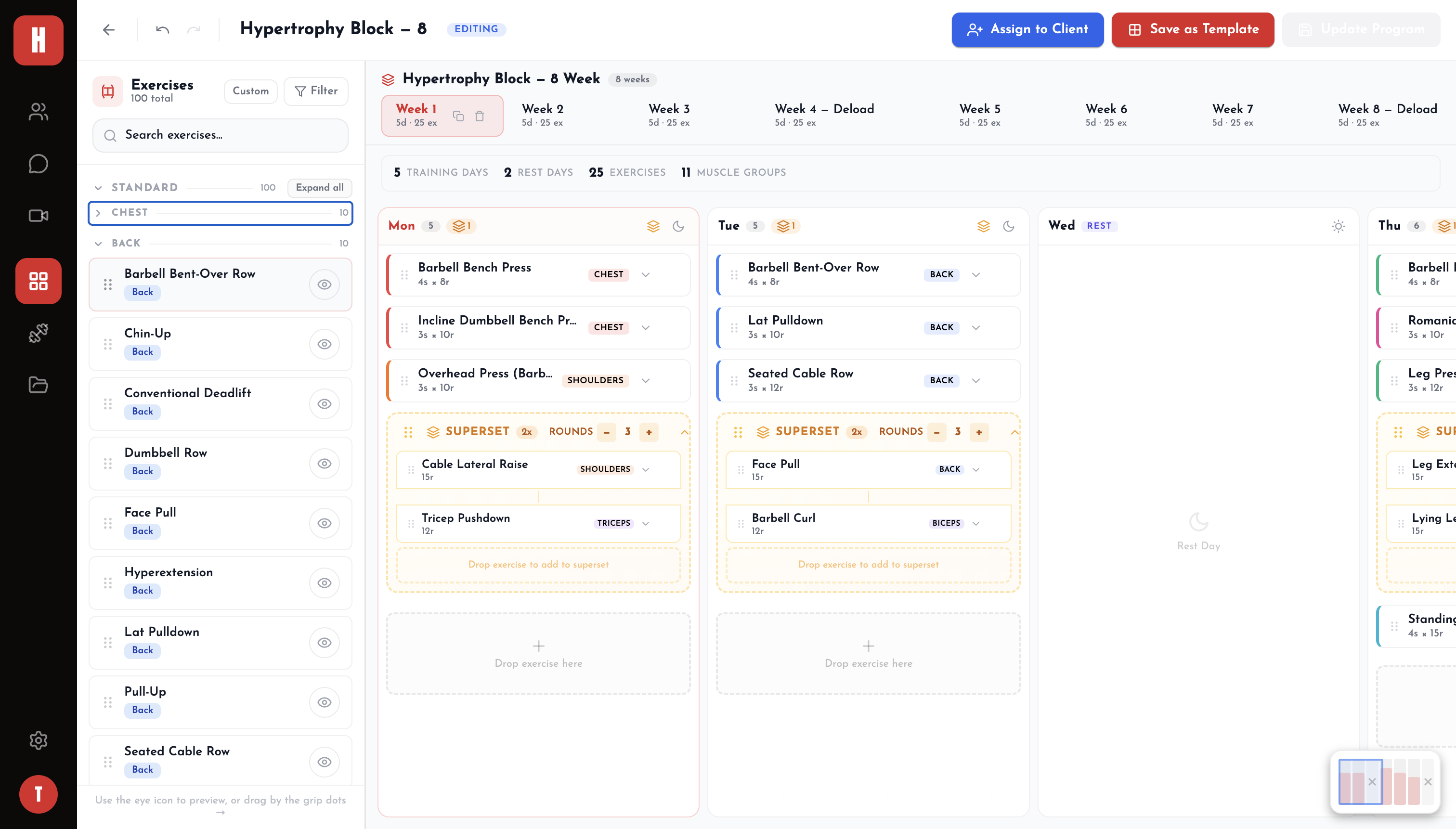 hiignite program builder — an eight-week hypertrophy block with exercises, supersets and rest days laid out week by week