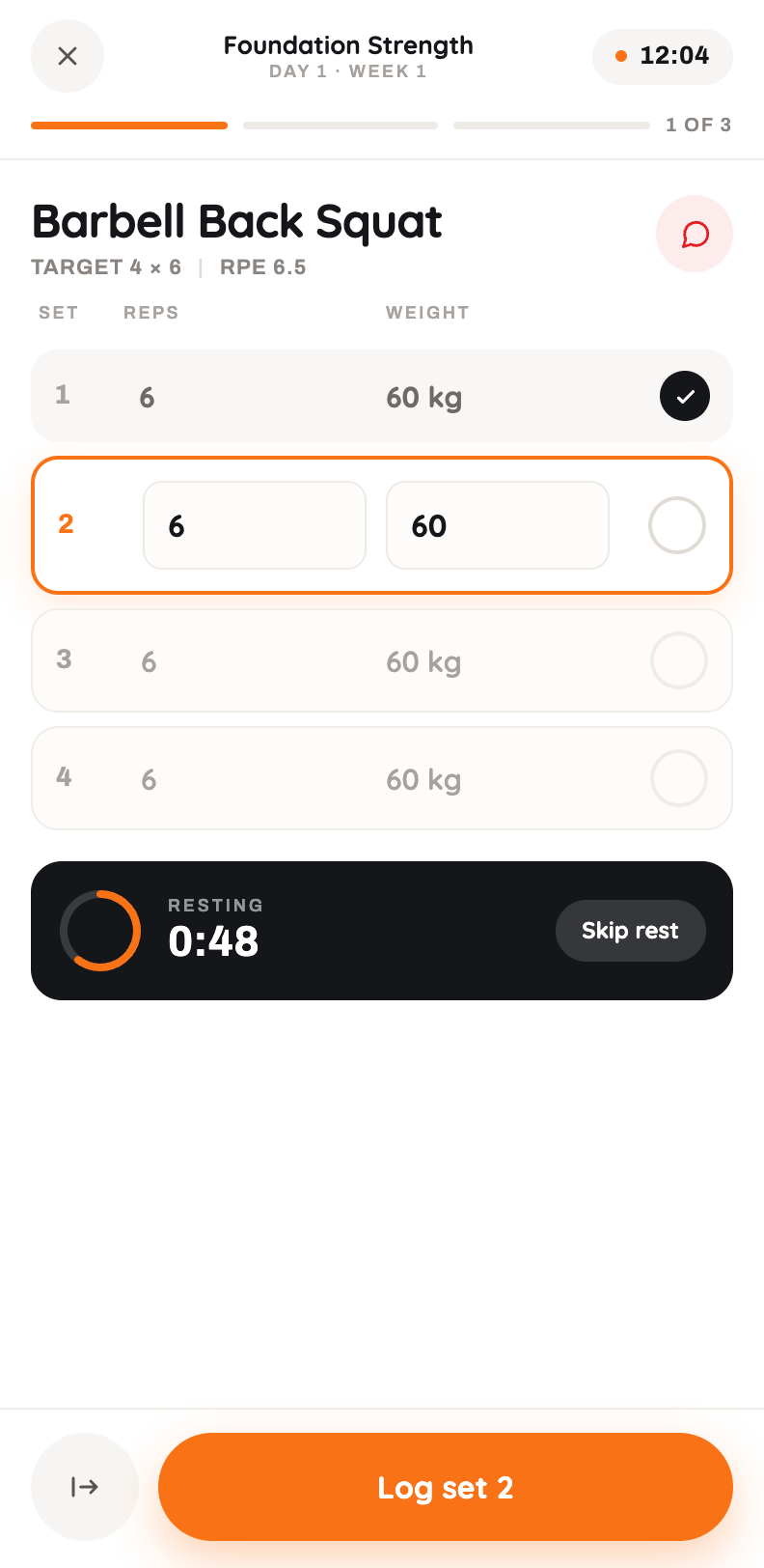 hiignite mobile workout player — logging reps and weight for Barbell Back Squat with a rest timer running