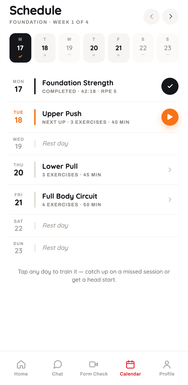 hiignite schedule screen — a week of programmed sessions with completed, next up, and rest days